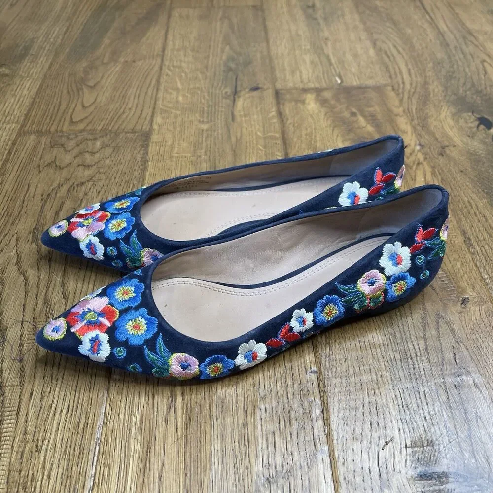 Tory Burch Rosemont Embroidered Pansy Floral Blue Suede Pointed Flats Size 5M
